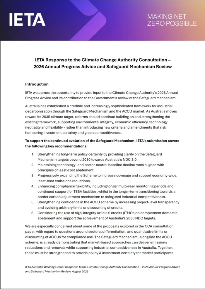 IETA Response to Australia's CCA 2026 APA Consultation and Safeguard Mechanism Review