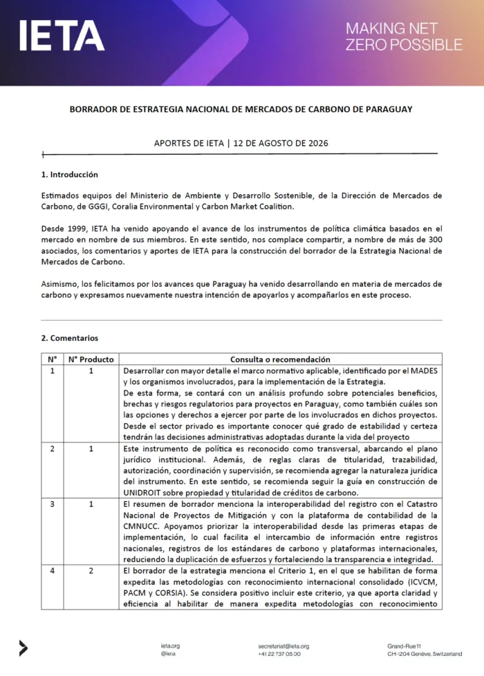IETA Response to Paraguay's draft National Strategy on Carbon Markets
