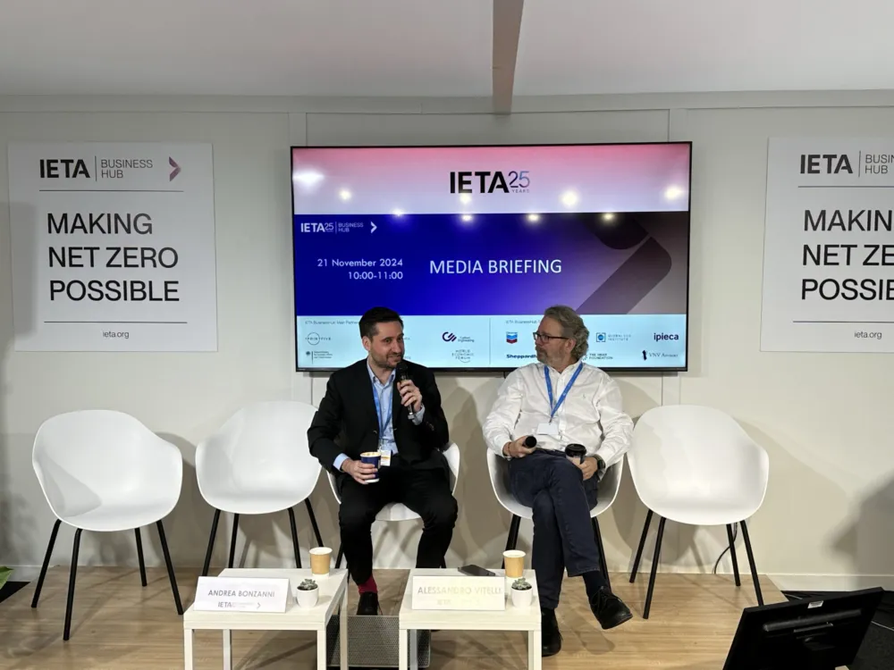 Andrea Bonzanni kept a punishing pace of speaking engagements over the last two weeks, wrapping up with this media briefing at the IETA Business Hub on Thursday morning.