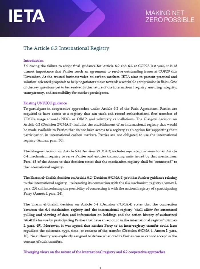 IETA Article 6 Policy Briefs Ahead of COP29 – The 6.2 International Registry