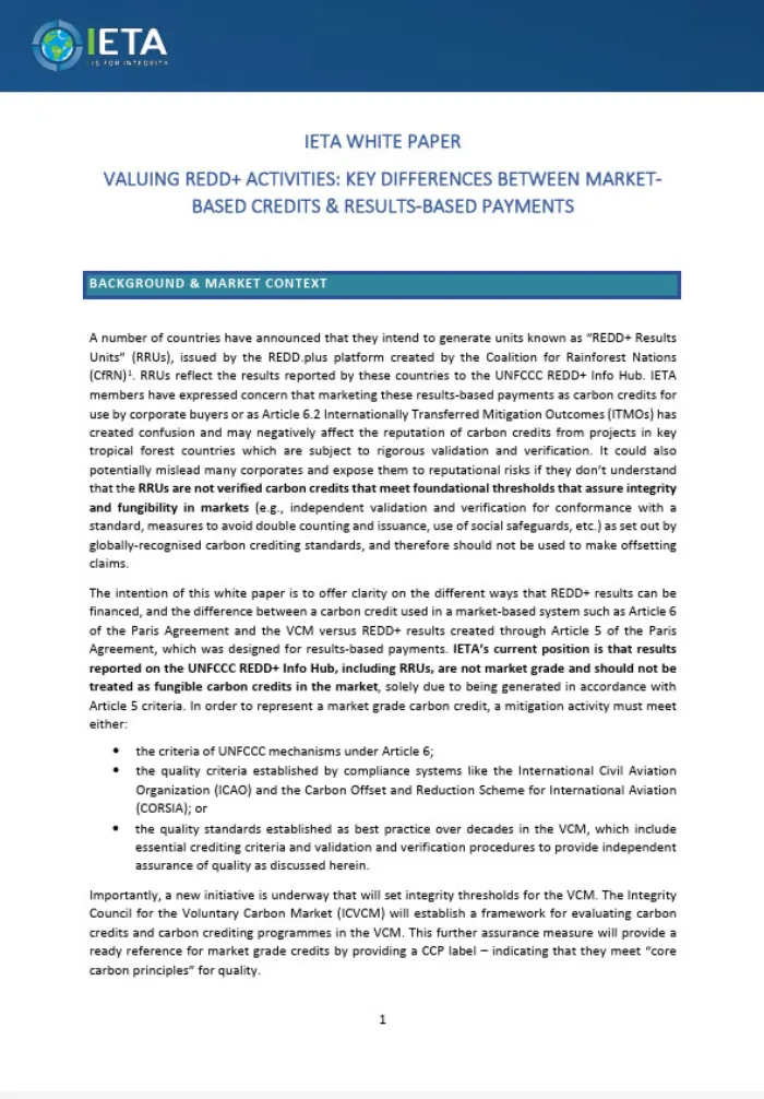 IETA White Paper: Valuing REDD+ activities: key differences between market-based credits & results-based payments