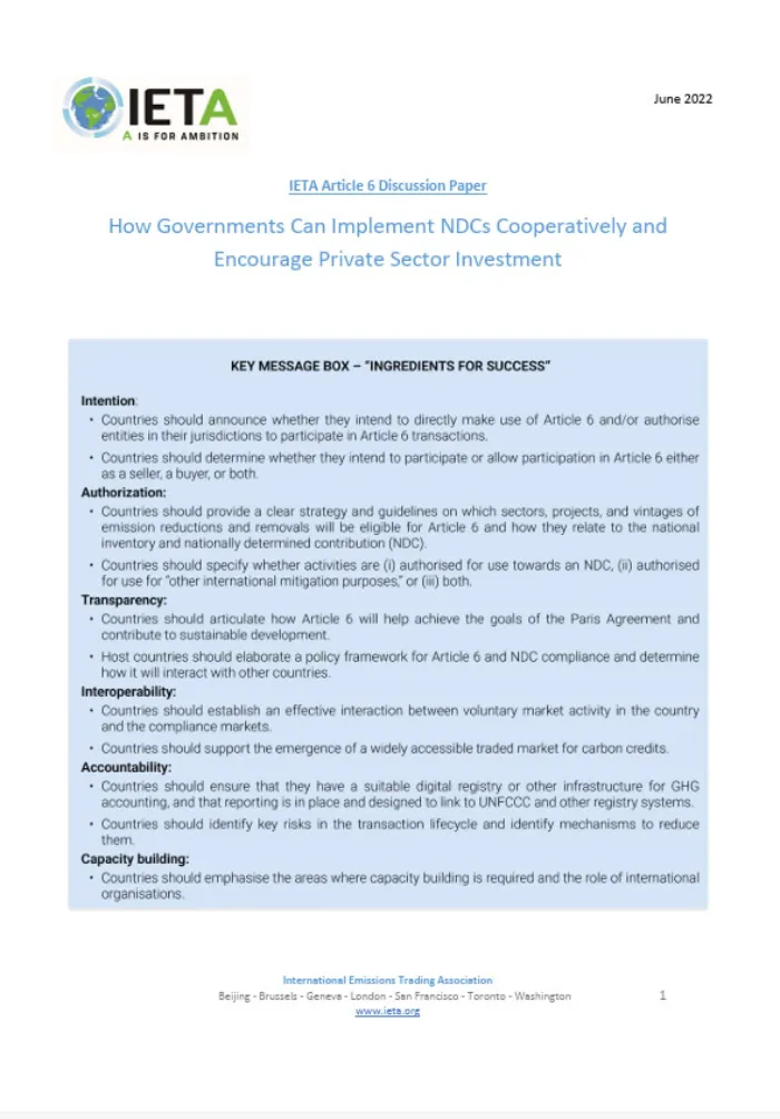 IETA Article 6 Discussion Paper on How Governments Can Implement NDCs Cooperatively and Encourage Private Sector Investment