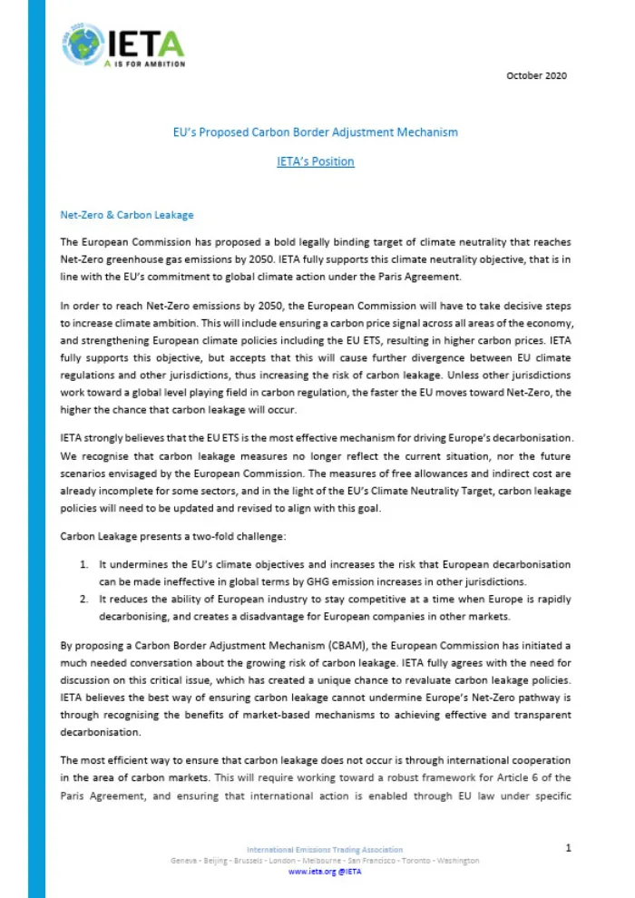 IETA Position Paper: Carbon Border Adjustment Mechanism