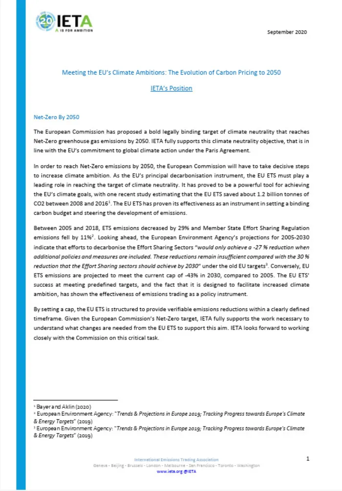 IETA's Net Zero Position Paper - "Meeting the EU's Climate Ambitions: The Evolution of Carbon Pricing to 2050" 