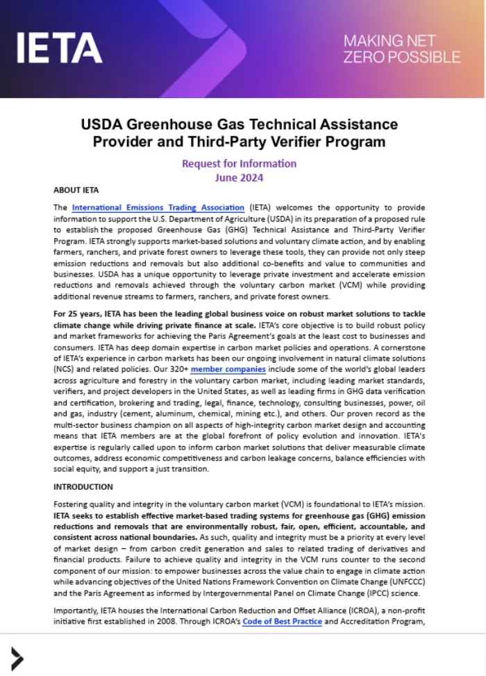 IETA USDA Greenhouse Gas Technical Assistance Provider and Third-Party Verifier Program Request for Information Submission