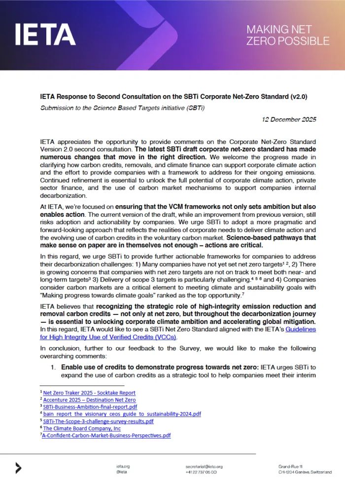 IETA response to SBTI Corporate Net-Zero Standard Version 2.0 second consultation
