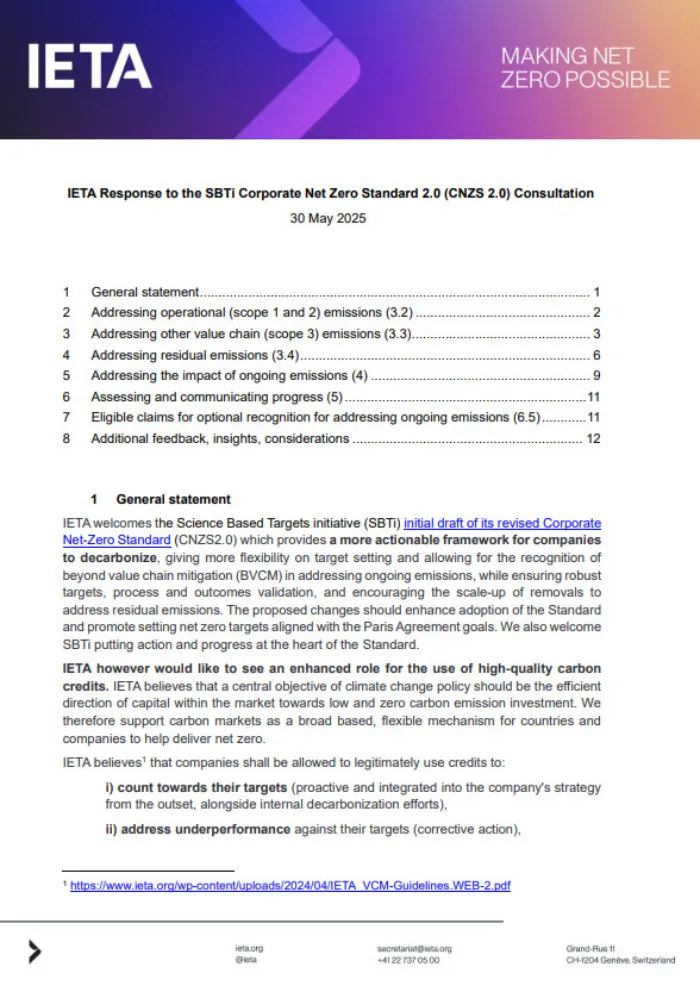 IETA Response to the SBTI Corporate Net Zero Standard 2.0 (CNZS 2.0) Consultation