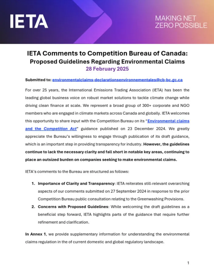 IETA Comments to Competition Bureau of Canada: Proposed Guidelines Regarding Environmental Claims