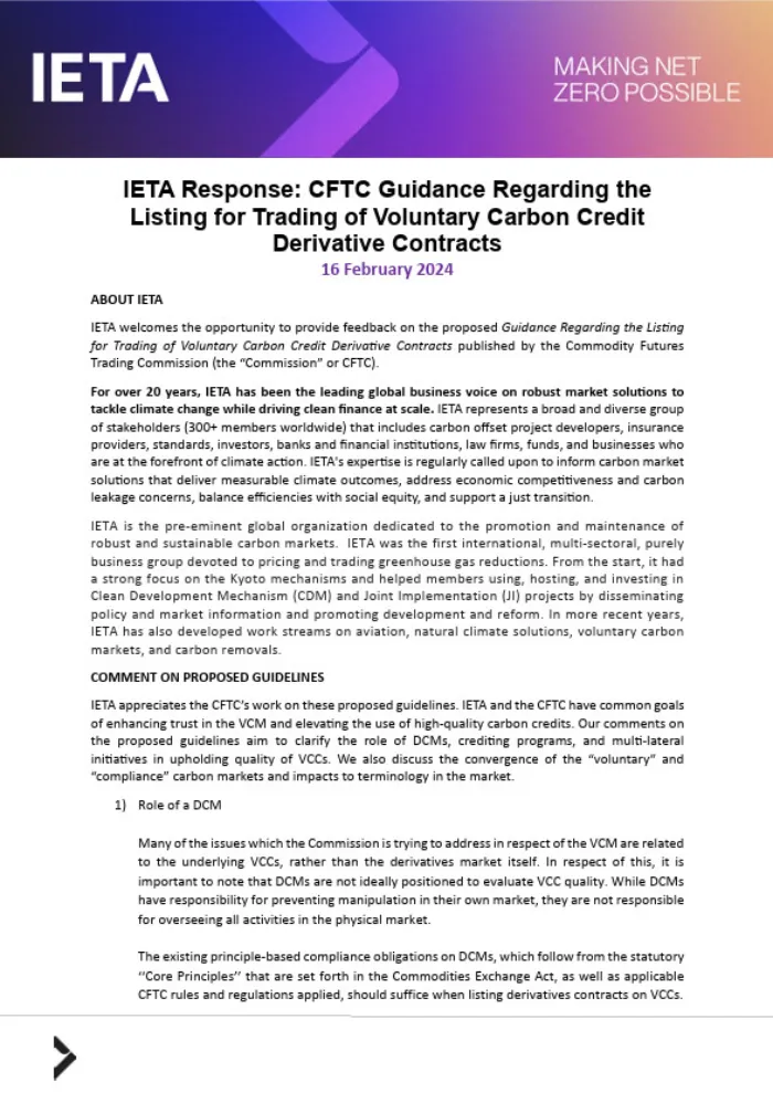 IETA Submission on CFTC Guidance Regarding the Listing for Trading of Voluntary Carbon Credit Derivative Contracts