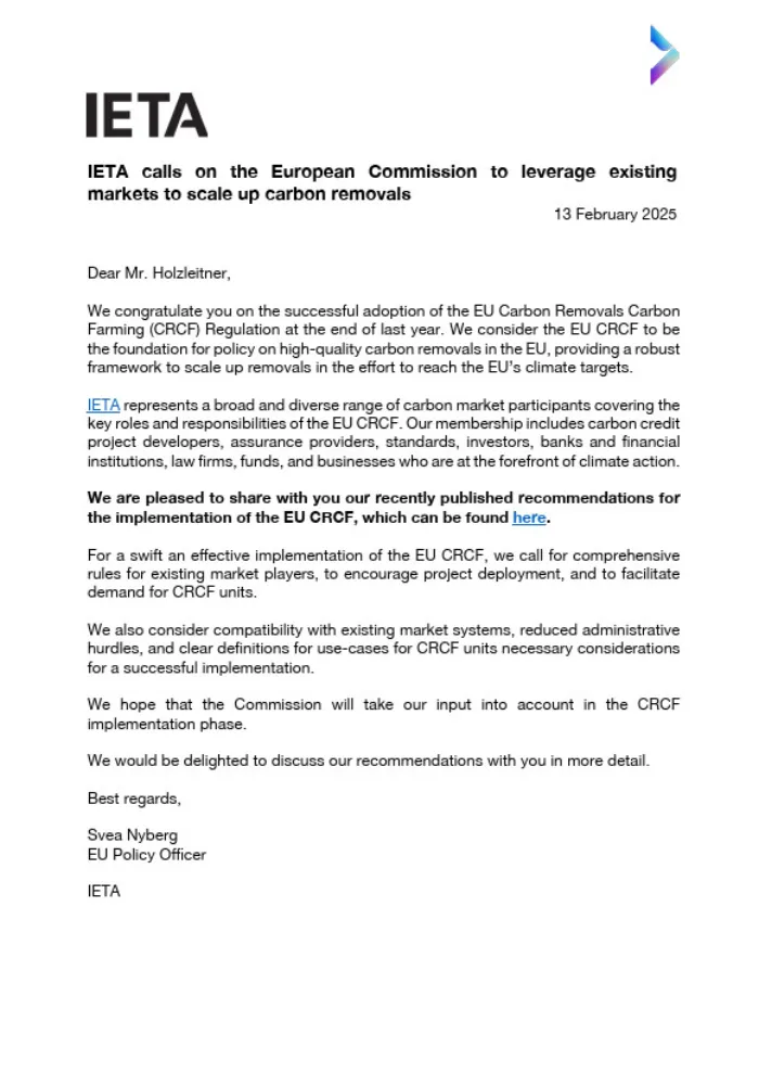 IETA calls on the European Commission to leverage existing markets to scale up carbon removals