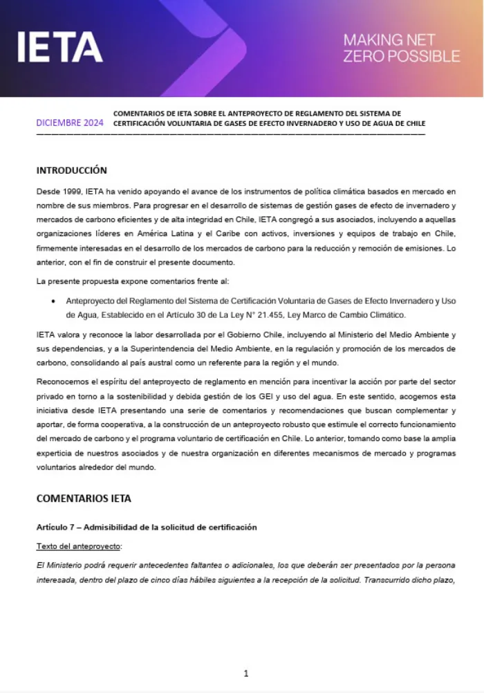 IETA Submission to the Public Consultation on the GHG Voluntary Certification System in Chile