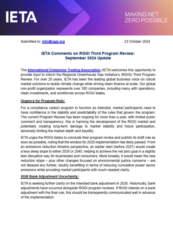 IETA Comments on RGGI Third Program Review: September 2024 Update