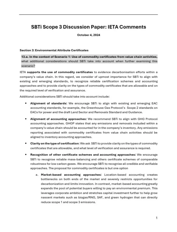 SBTi Scope 3 Discussion Paper: IETA Comments