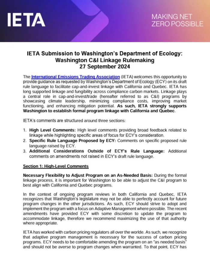 Washington C&I Linkage Rulemaking Submission
