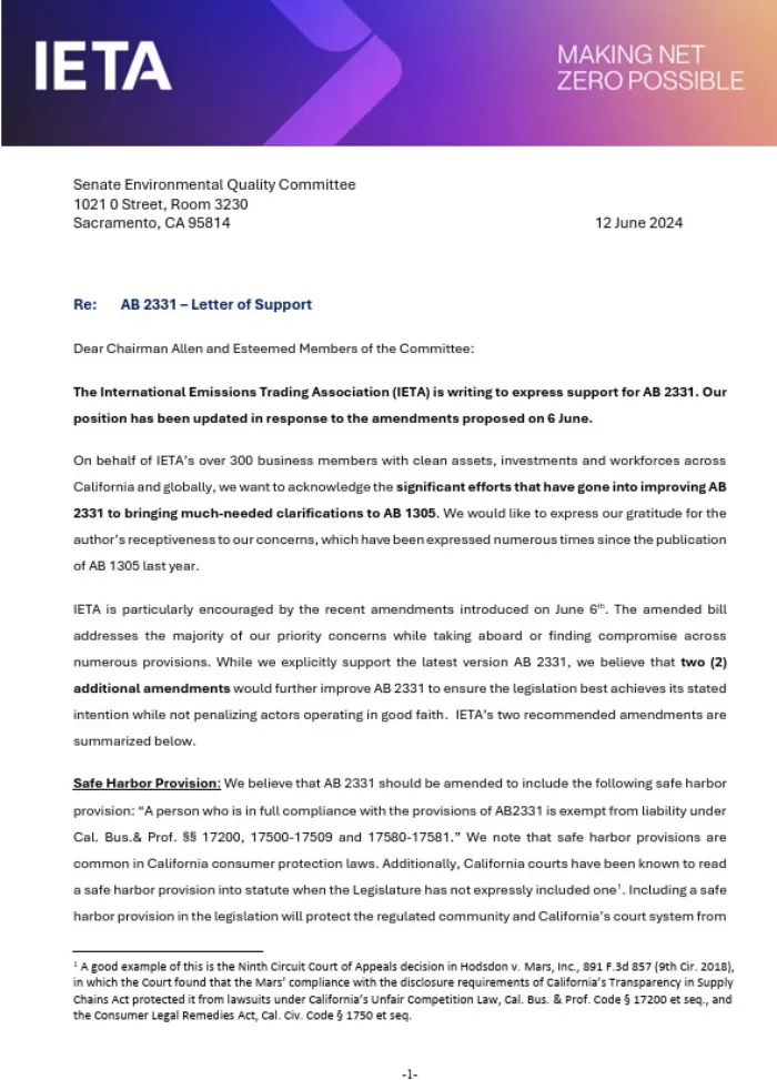 IETA Letter of Support for AB 2331