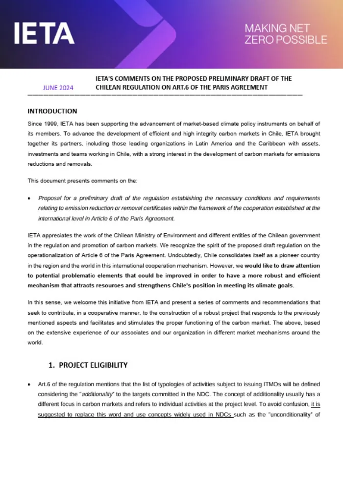 IETA Submission to the Public Consultation on the Article 6 Framework in Chile