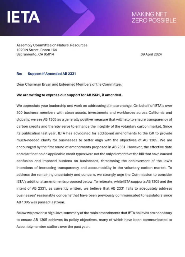 IETA Support for AB 2331, if amended, Letter