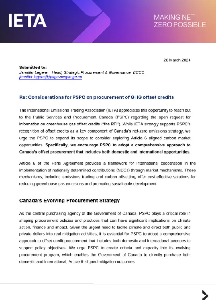 Considerations for PSPC on procurement of GHG offset credits letter
