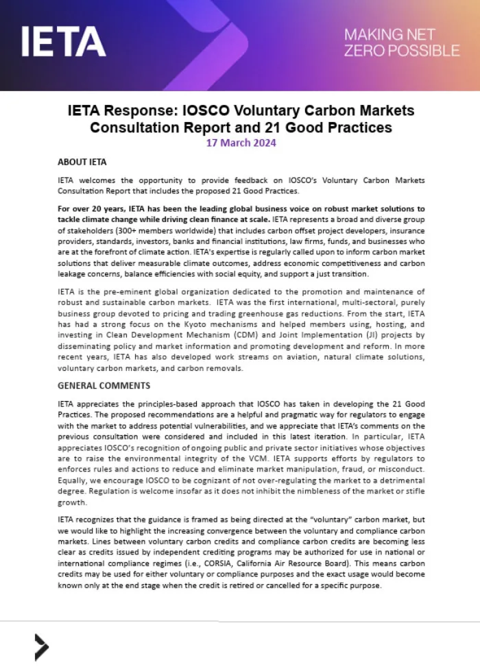 IETA Response: IOSCO voluntary carbon markets consultation report and 21 good practices