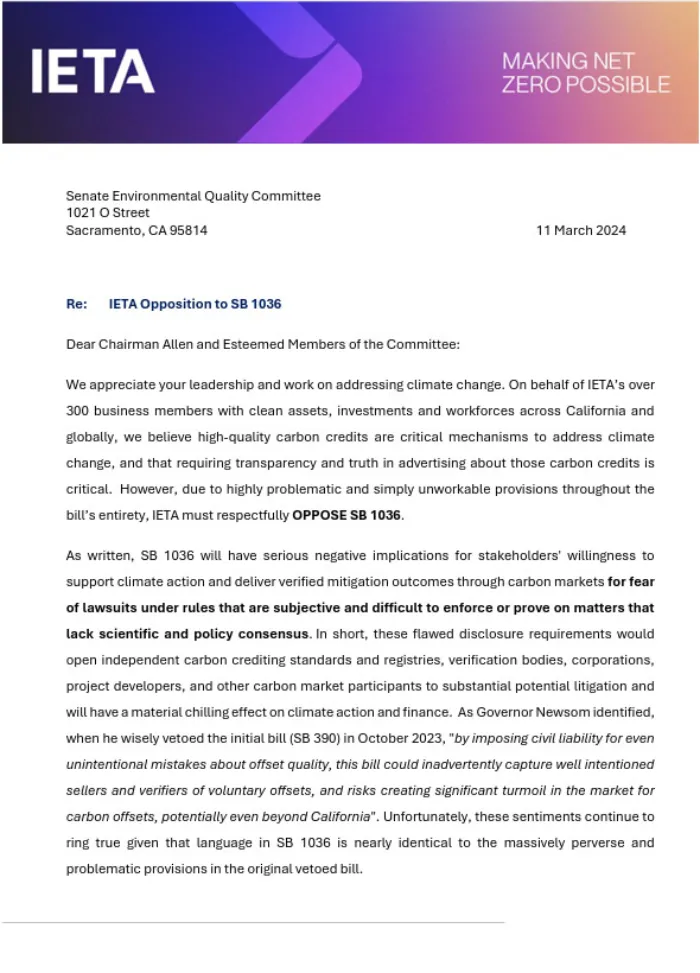 IETA Opposition to SB 1036 Letter – 11 March 2024