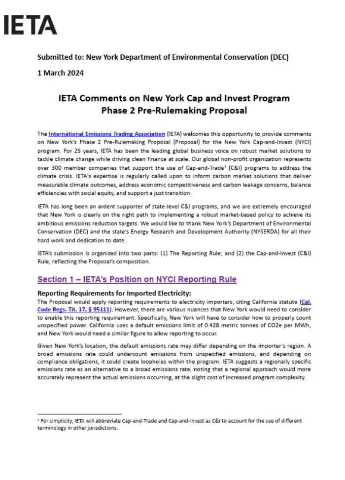 IETA Comments on New York Cap and Invest Program Phase 2 Pre-Rulemaking Proposal 1 March 2024