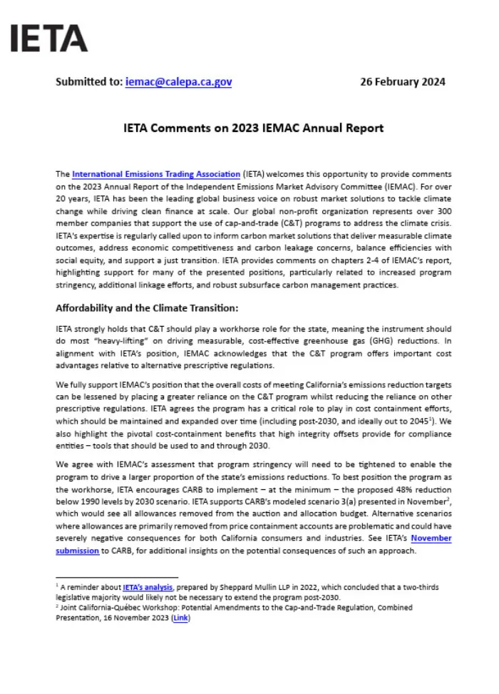 IETA Comments on 2023 IEMAC Annual Report 26 February 2024