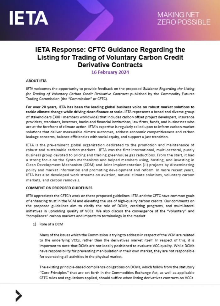 IETA Response: CFTC Guidance Regarding the Listing for Trading of Voluntary Carbon Credit Derivative Contracts - 16 Feb 2024