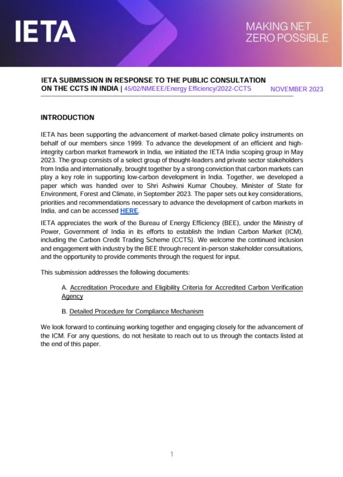 IETA Submission to the Public Consultation on the CCTS in India