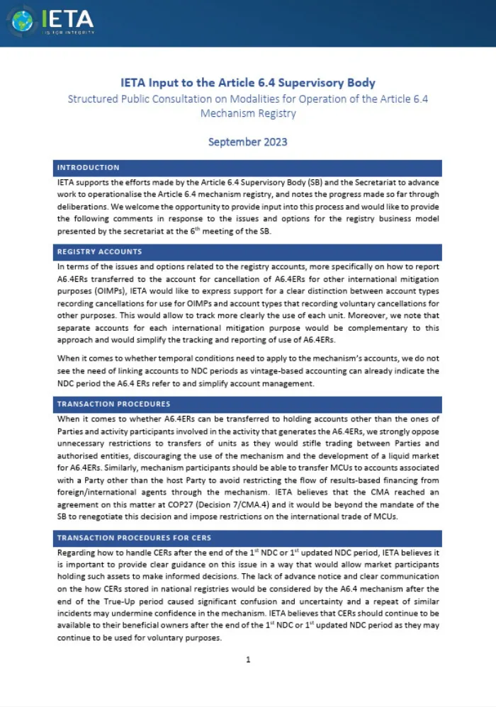 IETA Submission to the Article 6.4 SB on Modalities for Operation of the Article 6.4 Mechanism Registry