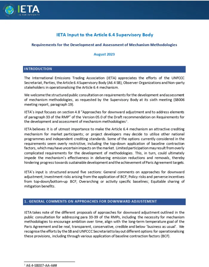 IETA Submission to the Article 6.4 SB on Requirements for the Development and Assessment of Mechanism Methodologies