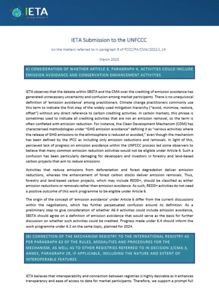 IETA RESPONSE TO CALL FOR INPUT: Emission Avoidance, Interoperability, and Authorisation under the Article 6.4 Mechanism - March 2023