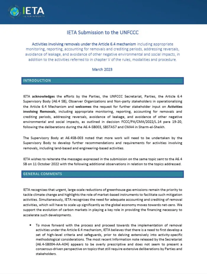IETA RESPONSE TO CALL FOR INPUT: Activities involving removals under the Article 6.4 mechanism - March 2023