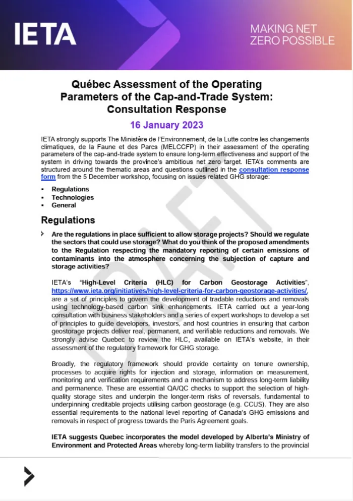 Québec Assessment of the Operating Parameters of the Cap-and-Trade System: Consultation Response- 16 January 2023