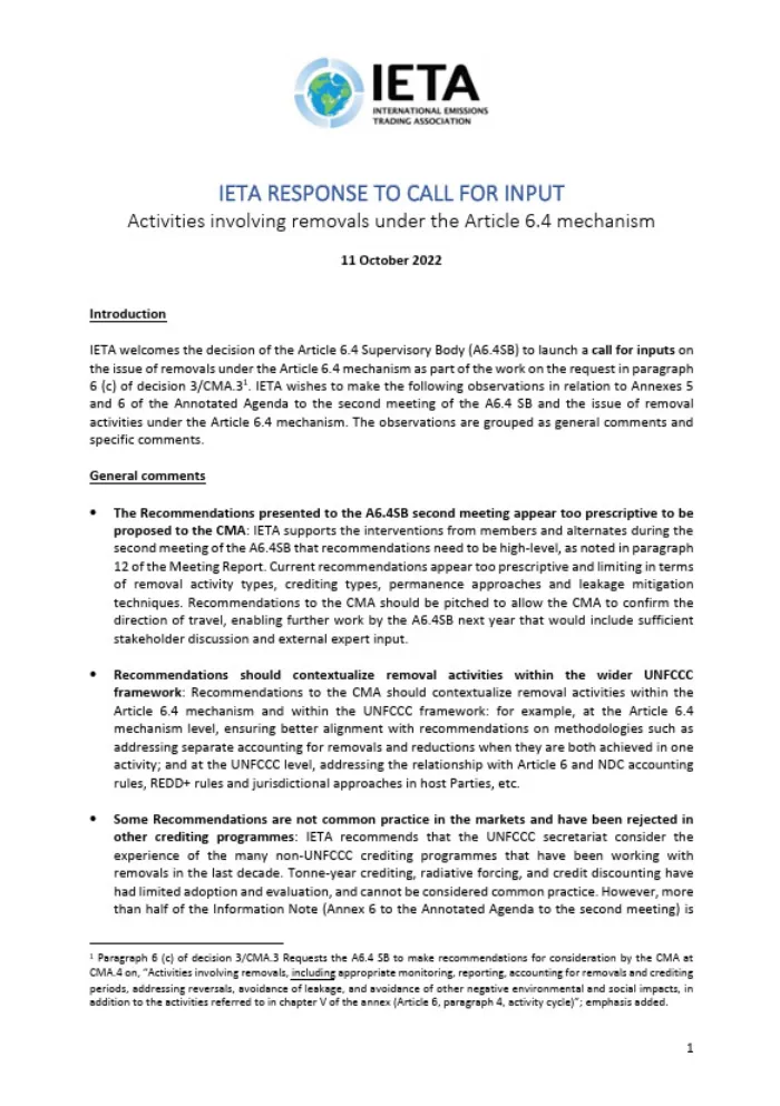 IETA RESPONSE TO CALL FOR INPUT: Activities involving removals under the Article 6.4 mechanism - October 2022