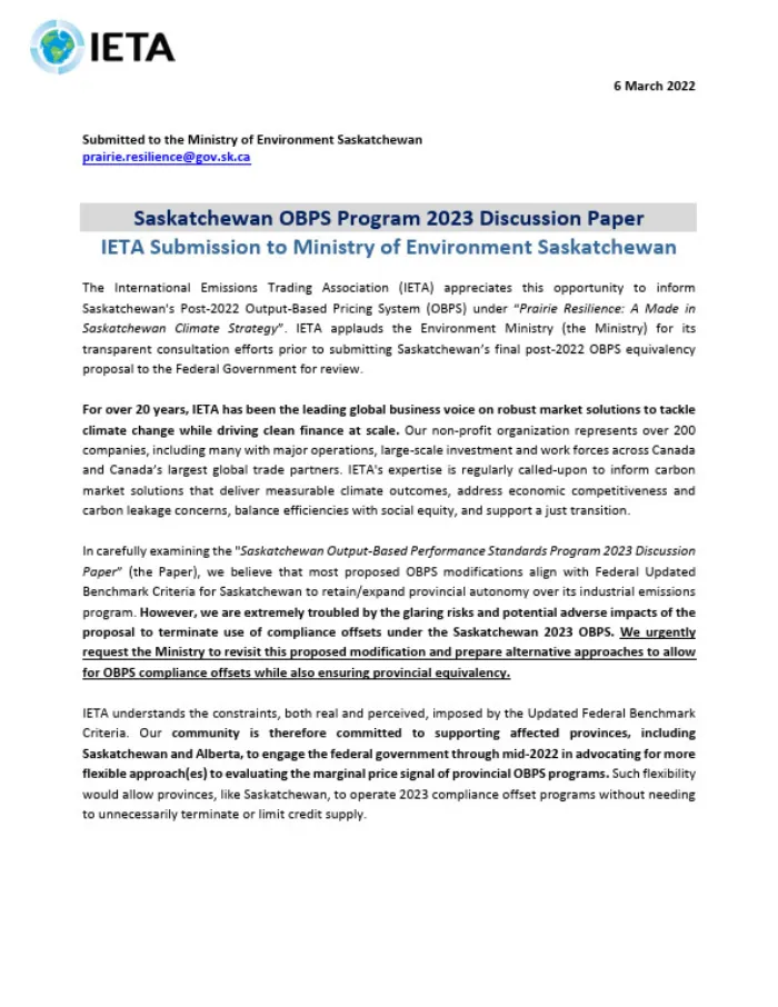 IETA Final Submission: Saskatchewan Output Based Performance Standards Program 2023 Discussion Paper