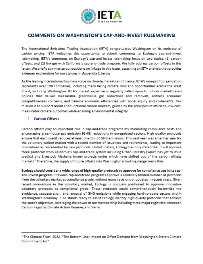 IETA’s Washington ECY Rulemaking Submission