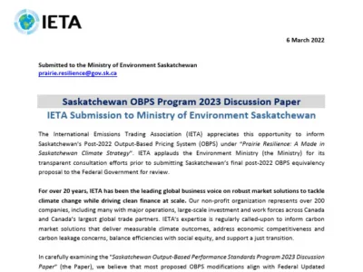 IETA Final Submission: Saskatchewan Output Based Performance Standards Program 2023 Discussion Paper